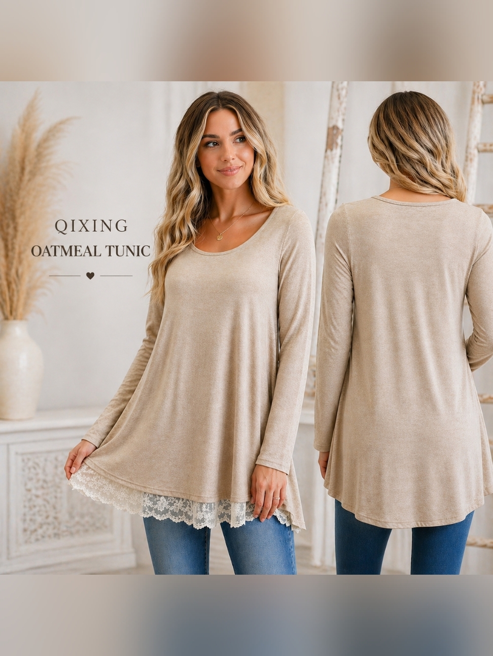 NWT Qixing Oatmeal Long Sleeve Lace Trim Tunic sz S #584
